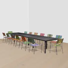 Franz West, Ebony on its chains #2, 2005, ebony, mahogany and spruce table with steel legs and 14 metal chairs with woven textile straps