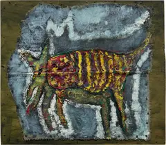 Peter Doig, Moonlit Dead Armadillo, 1986, oil on denim, laid down on board with nails