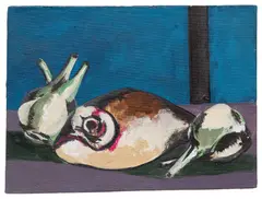 Bahman Mohasses, Still Life with Fish, 1972, oil on canvasboard