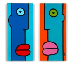 Thierry Noir, Two works: (i) I take a quick look at the situation before putting on my new sunglasses; (ii) My ideas are sharp and my shoes are shiny, 2023, each acrylic on canvas