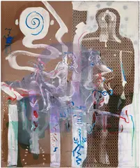 Sigmar Polke, I Can't Stand it Anymore!, 1983-1984, synthetic resin, dispersion paint, spray paint and pigment on printed fabric, in artist's frame