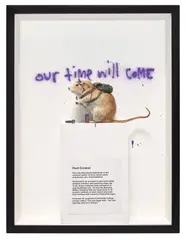 Banksy, Pest Control - Banksus Militus Vandalus, 2004, taxidermy rat, spray paint, paper and mixed media, in artist's framed box
