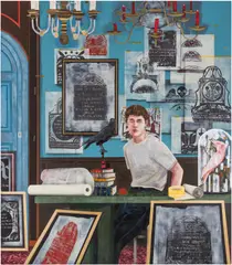 Hernan Bas, Conceptual Artist #6 (by combining different grave rubbings he invents lives that never existed), 2022, acrylic and silkscreen on linen