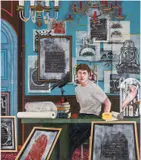 Hernan Bas, Conceptual Artist #6 (by combining different grave rubbings he invents lives that never existed), 2022, acrylic and silkscreen on linen