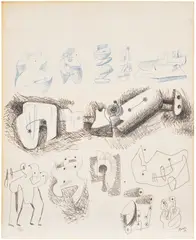 Sculptural Ideas by Henry Moore, 1937, coloured pencil, graphite and crayon on paper laid down on board, sold Oct 2025