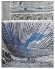 Christo, Over the River (Project for Arkansas River, State of Colorado), 2006, graphite, enamel, charcoal, pastel, wax crayon, aerial photograph with topographic elevations and fabric on paper laid down on board, in artist's Plexiglas box frame, in 2 parts