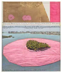 Christo, Surrounded Islands (Project for Biscayne Bay, Greater Miami, Florida), 1983, graphite, pastel, crayon, charcoal, fabric, enamel and photograph​ collage on paper laid down on board, in artist's Plexiglas box frame, in 2 parts