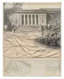 Christo, Wrapped Walkway (Project for Ueno Park - Tokyo), 1969, graphite, fabric, crayon, photograph, staples, and paper collage on card laid down on board, in Plexiglas box