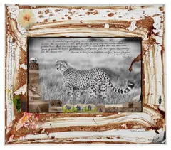 Single Cheetah by Peter Beard, 1960, unique work, comprising a gelatin silver print with blood, watercolour, ink and affixed paper flower, pebble and photogr, sold Oct 2025