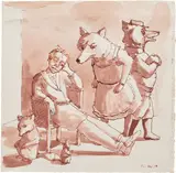 Paula Rego, The Foxes, 1987, ink with sepia wash on paper