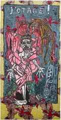 Robert Combas, Il a l’âge. Il est chaud. Il n'y a plus d'Hoss que dessous la peau et les Muscles. La Partie en Tok Toromachique Triple Busier des TROIS. C'est des Koneries, 1989, acrylic on African fabric laid down on canvas