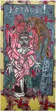 Robert Combas, Il a l’âge. Il est chaud. Il n'y a plus d'Hoss que dessous la peau et les Muscles. La Partie en Tok Toromachique Triple Busier des TROIS. C'est des Koneries, 1989, acrylic on African fabric laid down on canvas