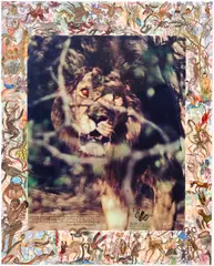 Peter Beard, Gorongosa Lion, Portuguese East Africa, 1955, unique work, comprising a chromogenic print with watercolour, tempera, ink and original drawings by the artist E. Mwangi Kuria of the Hog Ranch Art Department