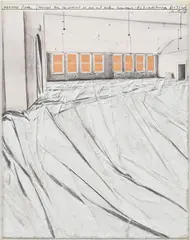 Wrapped Floor and Covered Windows by Christo, 1980, graphite, paint, photostat, fabric, Kraft paper and staples on cardboard, in Plexiglas box, offered Dec 2025