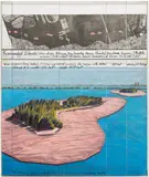 Christo, Surrounded Islands (Project for Biscayne Bay, Greater Miami, Florida), 1983, charcoal, pastel, enamel paint, fabric, paper, crayon, graphite and photograph collage on board, in Plexiglas box, in 2 parts