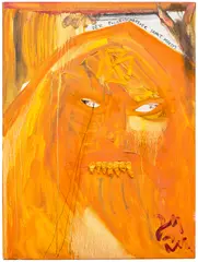 Jonathan Meese, Gott d'Orange, 2003, oil, photograph collage and hair on canvas
