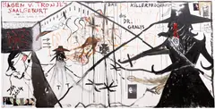 Jonathan Meese, Garten Eden II, 2004, oil, metallic paint, paper collage, photographs, resin, plaster and hair​ on canvas, in 3 parts