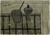 Bernard Buffet, Casserole et lampe à pétrole, 1949, oil on canvas