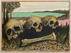 Billy Childish, 3 Skulls on a Shoreline, 2022, oil and charcoal on linen