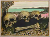 Billy Childish, 3 Skulls on a Shoreline, 2022, oil and charcoal on linen