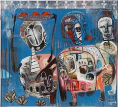 Yannick Ackah, Untitled, 2021, acrylic, crayon, newspaper and paper and fabric collage on canvas