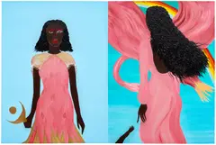 Delphine Desane, Journeyin’ Into Motherhood, 2020-2021, acrylic, sand and spray paint on canvas, diptych
