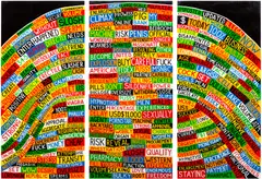 Stanley Donwood, Three works: (i) Problem Intensity; (ii) Become United; (iii) Business Penis, 2010, each acrylic on birch panel