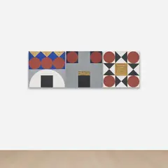Untitled (3 pieces) by Heimo Zobernig, 1984, oil, board and gold leaf on canvas, triptych, sold Mar 2025