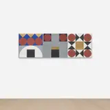 Heimo Zobernig, Untitled (3 pieces), 1984, oil, board and gold leaf on canvas, triptych
