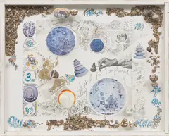 Mary Bauermeister, Sketch for Tanglewood, 1967-1971, offset lithograph, ink, graphite, stones, glass lens on cardboard in artist's wood frame