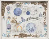 Mary Bauermeister, Sketch for Tanglewood, 1967-1971, offset lithograph, ink, graphite, stones, glass lens on cardboard in artist's wood frame