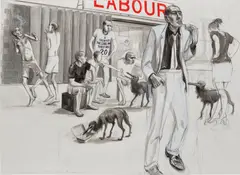 Charles Avery, The Labour Exchange, 2012, pencil, ink and gouache on paper mounted on linen