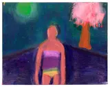 Katherine Bradford, Green Moon, Pink Tree, 2024, acrylic on canvas