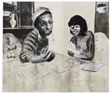 Neo Matloga, Mamazala ka di potsoto, 2020, paper collage, charcoal, liquid charcoal and ink on canvas