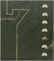 László Mulasics, Kepzeletbeli Ejszaka, 1988, oil, wax and glitter on canvas mounted on panel