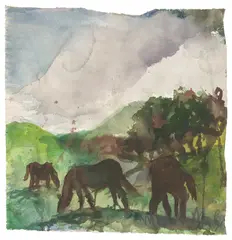 Landscape with Horses by Malcolm Morley, 1982, watercolour on paper, sold Jun 2025