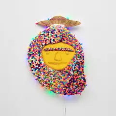 Osgemeos, I See The Light, 2024, pompoms, acrylic and LED lights on panel