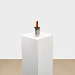 Serving Suggestion by Tim Noble and Sue Webster, 2004, replica baked beans and sausage, tin can, plastic cap, electronic mechanism and MDF plinth, sold Oct 2025