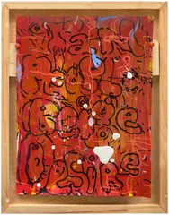 Pope.L, Tan People Beige Desire, 2015-2016, acrylic, marker ink, oil, ballpoint pen and pins on paper, in artist's frame