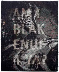 Noel W. Anderson, Am I blak Enuf, 2019, decolourant on distressed jacquard tapestry on panel