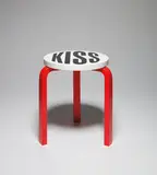 Barbara Kruger, Untitled (Kiss), 2019, Artek Stool 60 in birch, birch plywood and laminate, designed by Alvar Aalto, in black, white and red, contained within the original card box