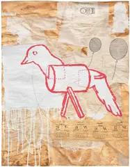 Small Red Line Drawings by Donald Baechler, 1991, acrylic, graphite and paper collage on paper, offered Oct 2025