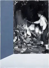Mircea Suciu, Interior with Wallpaper (Burning Books), 2014, oil, acrylic and monoprint on linen mounted on panel