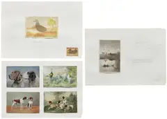 Marcel Broodthaers, Two works: (i) La chasse ; (ii) La chasse – vive la liberté, (i) graphite and postcard on paper, in 2 parts (ii) graphite and postcard on paper