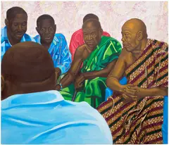 Cornelius Annor, Abusa Payin, 2020, acrylic, fabric and fabric transfer on canvas