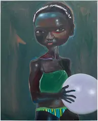 Ndidi Emefiele, Untitled: Girl with a Balloon, 2019, acrylic and textile on canvas