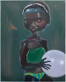 Ndidi Emefiele, Untitled: Girl with a Balloon, 2019, acrylic and textile on canvas