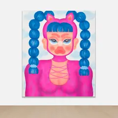 Fátima de Juan, Not your kitty, 2022, acrylic and spray paint on canvas, in artist's frame