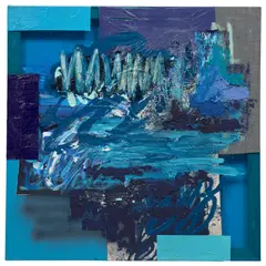Patrick Alston, Atlantic Blues, 2020, acrylic, ink, oil, oilstick and spray paint on sewn tarp, canvas, plastic and fabric