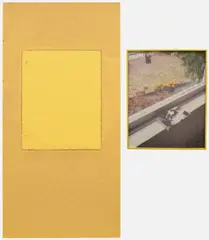 Sam Falls, Untitled (639 Santa Clara Ave, 90291, Potted Gerbers, Window/Wall), 2013, chromogenic print, in artist's frame, drywall, plywood and latex on aluminium, in 2 parts